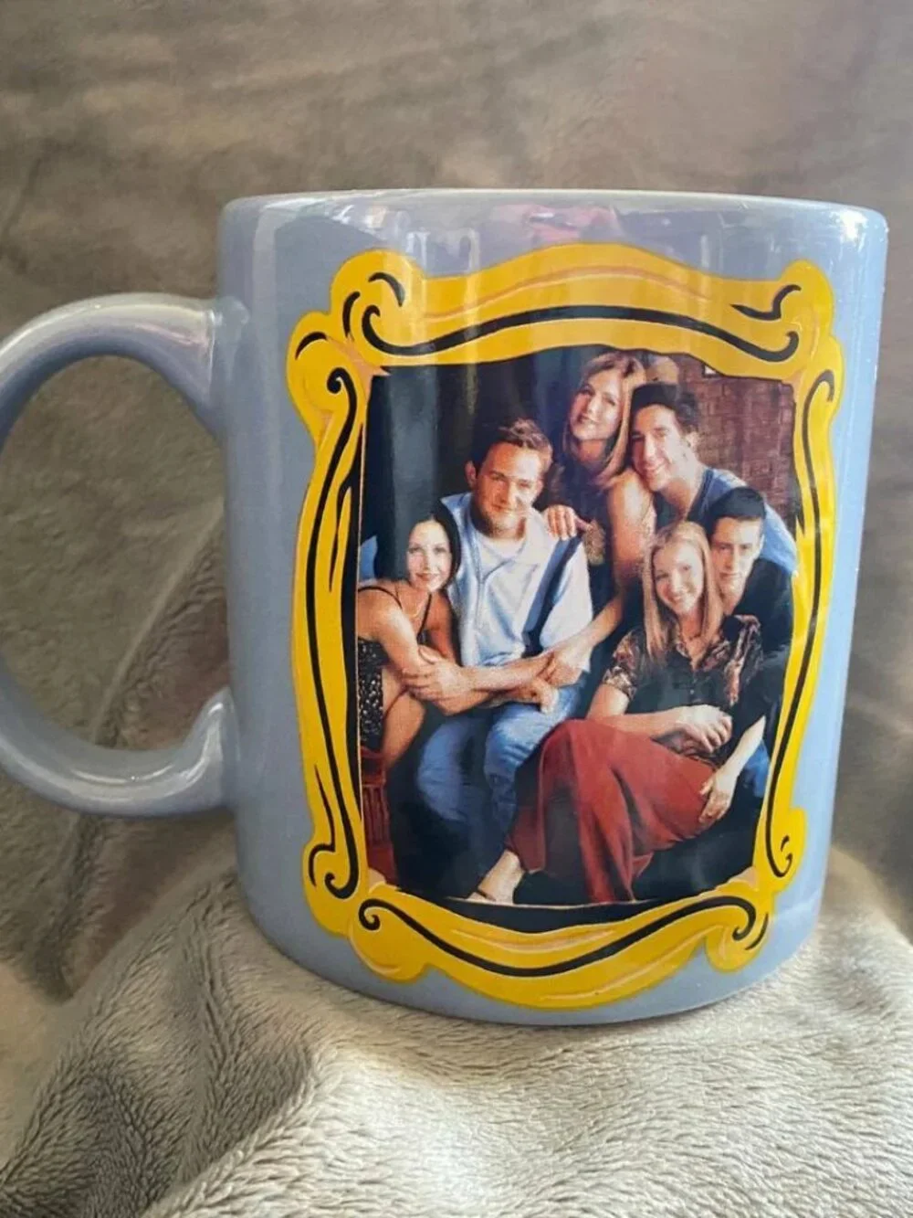 Friends Blue Coffee Mug | Friends Photo In Monica's Frame | 20 oz blue yellow